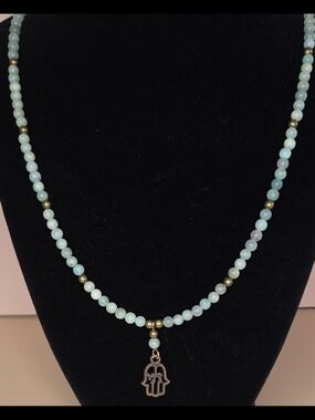 Blue-Green Amazonite,Bronze and Copper Beaded Necklace With Hamsa/Chai Pendant